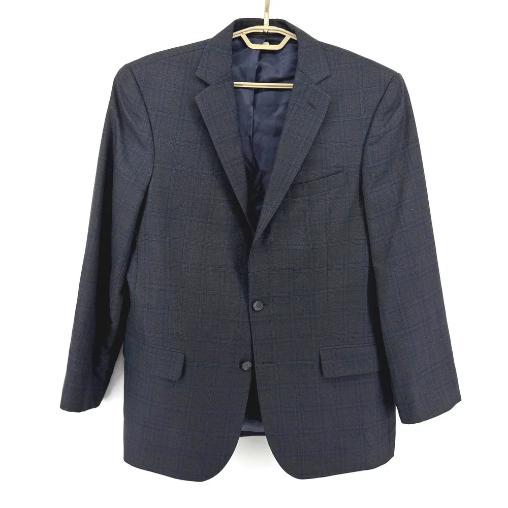 Jos. A. Bank Reserve Mens 42 Long Silk Wool Windowpane Blazer Charcoal Grey Blue